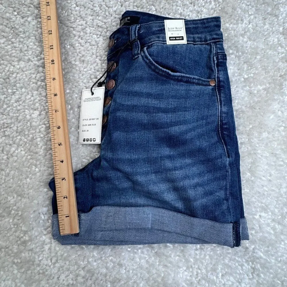 Judy Blue High Waist Cuff Shorts Dark Blue Wash Stretch Womens 28 NEW